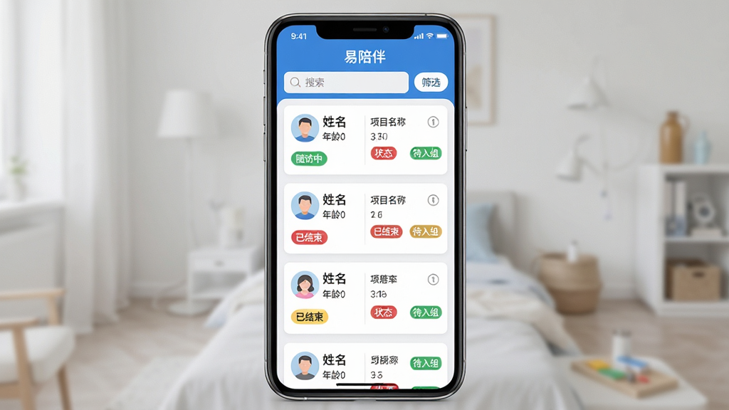 ���壺�ֻ�APP������顱�Ļ��߹������棬չʾ�����б���ÿ�ſ�Ƭ�������������䡢��Ŀ���ƺ�״̬��ǩ�����֣��ֻ��������У��б����ϵ������У���������������ɸѡ��ť���Ű棺��������������Ƭʽ���֣�״̬��ǩ�ò�ͬ��ɫ���֡���񣺱�ƽ����ƣ�������ɫ����ϸ�ڣ����߿�Ƭ�С�����С����ѽ������������顱�ȱ�ǩ�����ʣ����壬�ɾ����޶���Ԫ�ء�