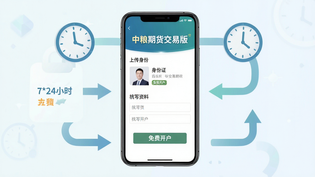 主体:中粮期货交易版在线开户流程示意图。布局:手机界面中显示上传身份证和填写资料的页面,周围环绕“7*24小时”时间标识。排版:手机居中,流程箭头环绕四周,清晰明了。风格:扁平化、清新商务风。细节:界面中突出“中粮期货交易版”字样,并带有“免费开户”按钮。画质:高清,色彩柔和,干净无多余元素。