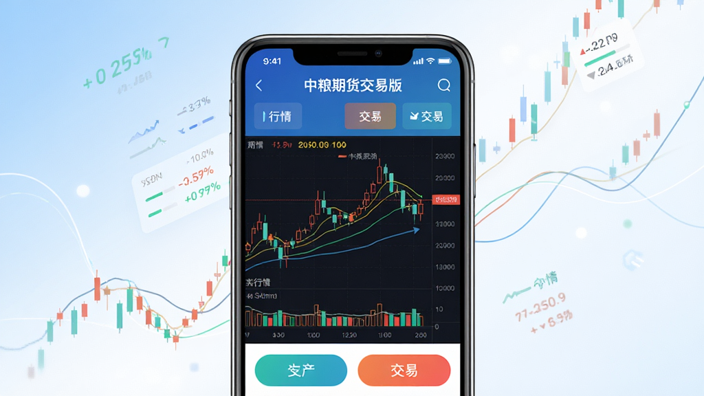 主体:中粮期货交易版手机APP界面展示,屏幕内显示期货行情K线图与交易按钮。布局:手机居中,屏幕朝前,界面清晰可见,背景为简洁的渐变蓝白色。排版:手机作为视觉中心,周围留白,配以少量数据线条装饰。风格:现代商务、扁平化设计、科技感。细节:APP界面中突出“中粮期货交易版”字样及“行情”、“交易”等核心功能图标。画质:高清渲染,色彩鲜艳,干净无多余元素。