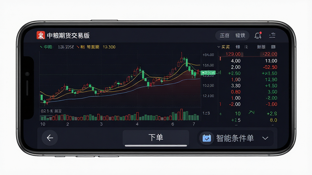 主体:中粮期货交易版交易界面截图。布局:手机横屏展示,屏幕内显示分时图与买卖五档,下方为下单区域。排版:界面布局紧凑,数据清晰,突出“中粮期货交易版”品牌标识。风格:深色商务风,数据可视化。细节:图表线条流畅,红绿色涨跌颜色分明,带有“智能条件单”入口图标。画质:超清,细节丰富,干净无多余元素。