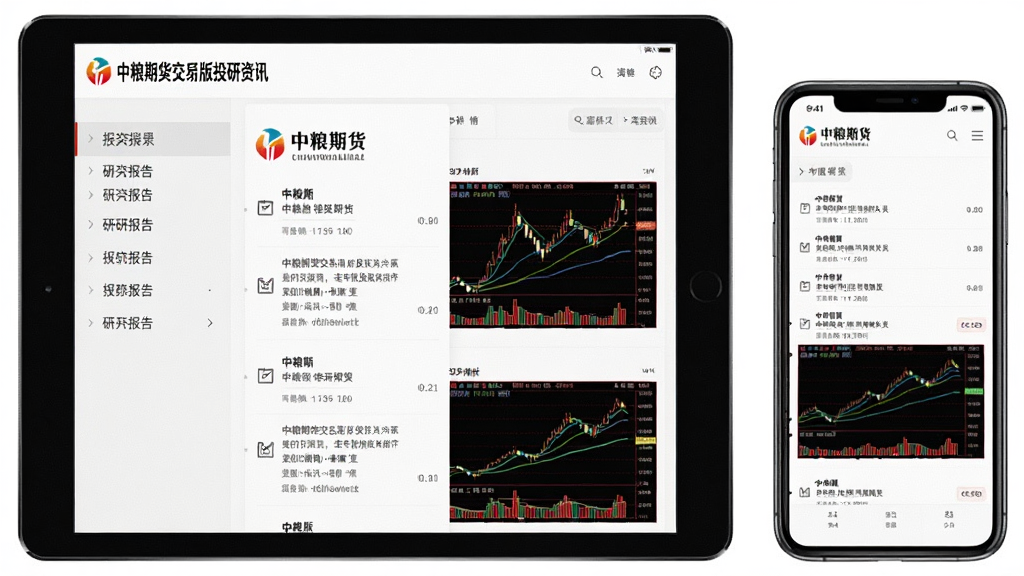 主体:中粮期货交易版投研资讯页面。布局:平板与手机并排展示,屏幕内显示研究报告列表与图表分析。排版:左侧为目录,右侧为详情,布局清晰。风格:简约学术风,浅色背景。细节:报告封面带有“中粮期货”logo,图表展示K线与均线。画质:高清,干净无多余元素。