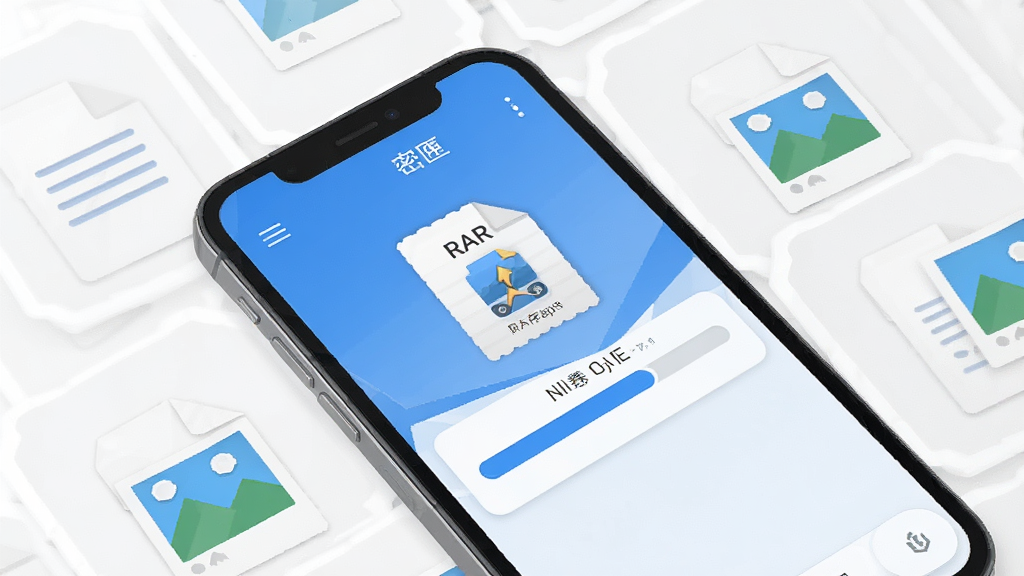功能展示图,手机屏幕内显示密匣正在解压一个多分卷的RAR文件,进度条清晰可见,周围散落着已解压出的文档与图片文件图标,界面UI以蓝色调为主,布局明了,排版直观,风格扁平化,细节精致,画质清晰,背景干净无多余元素