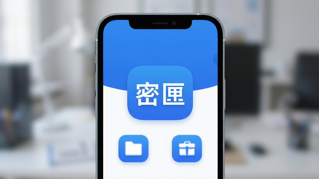 主视觉图,展示密匣app在手机上的运行界面,界面风格简洁现代,主色调为蓝色与白色,背景虚化处理,突出“密匣”二字logo与文件管理图标,布局居中,排版清爽,风格写实,细节丰富,画质高清,干净无多余元素