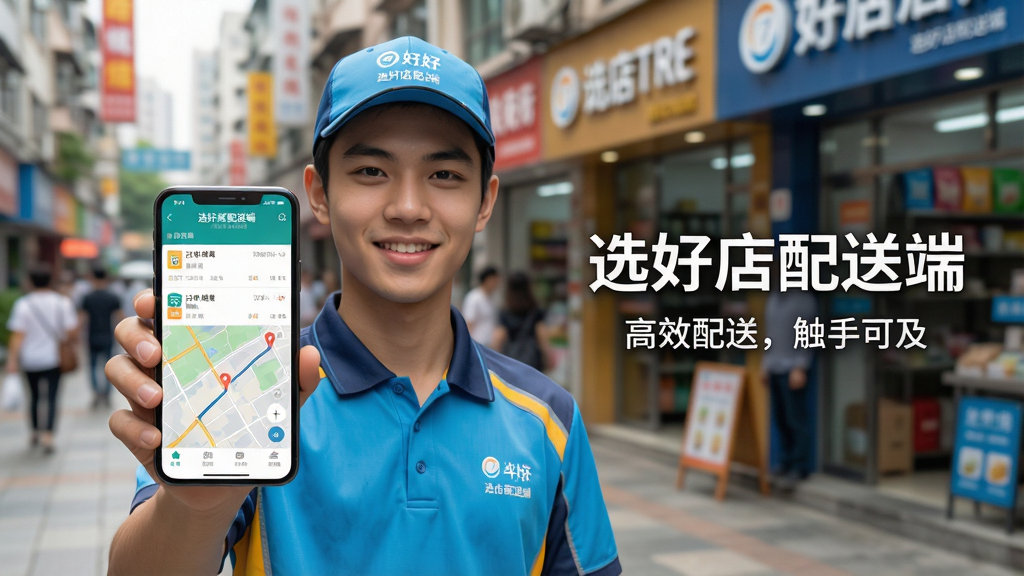 主体:一位穿着配送员制服的年轻人,手持手机,手机屏幕显示“选好店配送端”App界面,背景是城市街道和商铺。布局:人物居中偏左,手机屏幕清晰可见,右侧留白放置App名称文字“选好店配送端”及标语“高效配送,触手可及”。排版:干净简洁,突出App界面和人物动作。风格:写实摄影风格,明亮自然光,色彩鲜活。细节:人物面带微笑,手机显示订单列表和地图路线,远处有模糊的商铺和行人。画质:4K高清,干净,无多余元素。