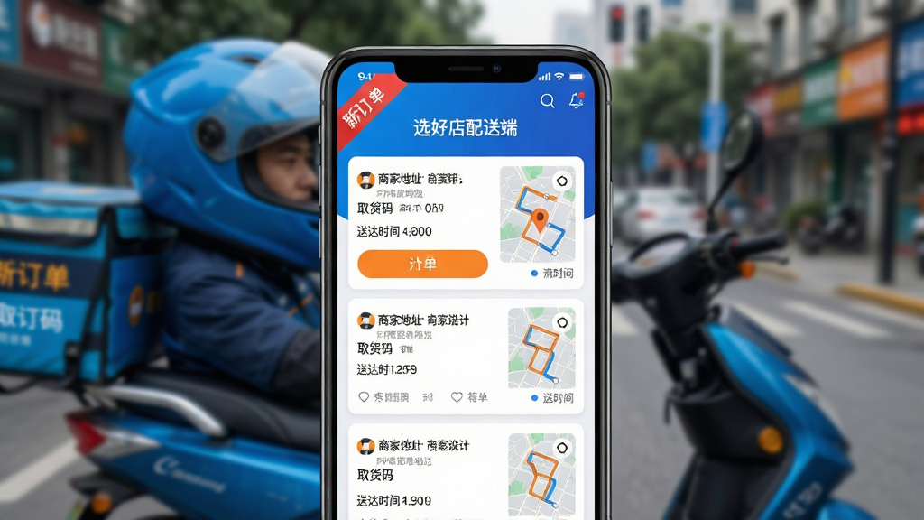主体:手机屏幕特写,显示“选好店配送端”的订单列表界面,顶部有“新订单”红色角标,列表中有多个订单卡片。布局:手机居中,屏幕内容清晰,背景为虚化的配送员头盔和电动车。排版:界面布局整齐,订单卡片信息包括商家地址、取货码、送达时间。风格:科技感UI设计,色彩鲜明,蓝色和橙色为主色调。细节:屏幕上有“抢单”按钮,地图缩略图显示配送路线,背景有模糊的街景。画质:高清,干净,无多余元素。