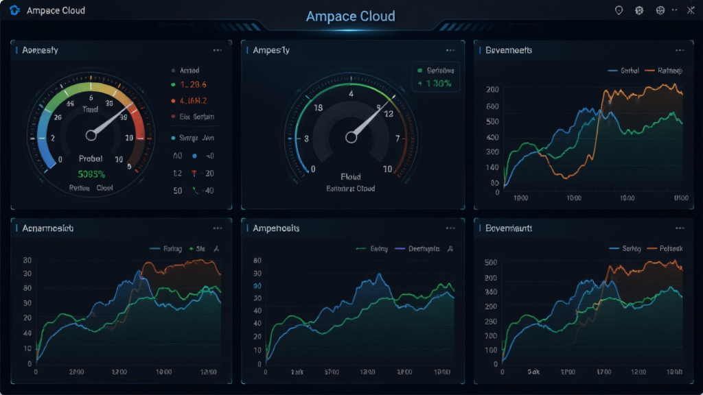 Ampace Cloud软件实时数据监测界面截图,展示多个仪表盘和动态曲线图,数据实时刷新,背景为深色科技风格,突出数据可视化效果,画质清晰,无多余元素
