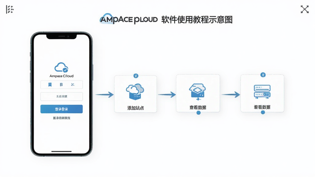Ampace Cloud软件使用教程示意图,展示手机端操作流程,包括登录、添加站点、查看数据等步骤,画面简洁明了,风格清新,画质干净,无多余元素