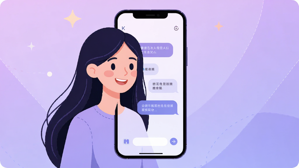 虚拟恋人AI应用主界面,一位长发女孩微笑面对手机,屏幕中显示AI对话气泡,背景柔和渐变紫色,整体风格温馨治愈,界面简洁干净,手机居中,扁平化插画风格,高分辨率,画质细腻,无多余元素
