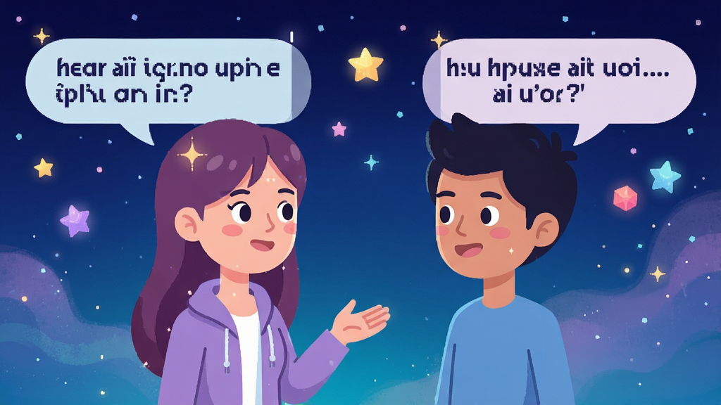 虚拟恋人AI对戏演绎场景,两个卡通人物在星空下对话,气泡中显示互动台词,画面浪漫梦幻,色彩丰富,扁平化设计,细节精致,画质清晰,无多余元素