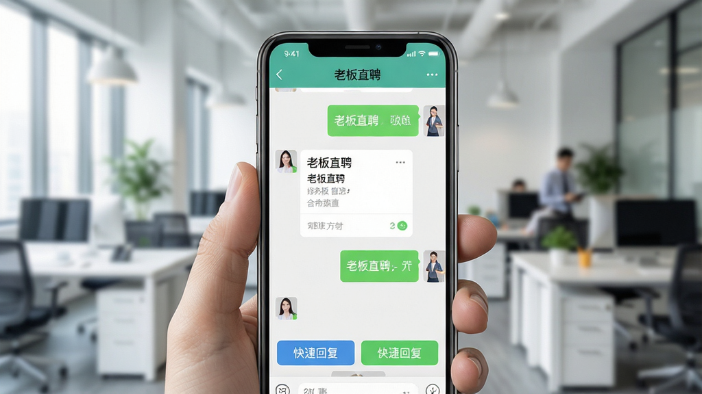 һ��չʾ�ִ�ְ����ʿʹ���ֻ�APP���и�Ч��ͨ��ͼƬ���������ֻ���Ļ�ϵ�������棬�������С��ϰ�ֱƸ�������������ĶԻ����ݣ�����Ϊģ�����ִ��칫�һ��������ּ�࣬ͻ��APP���棬�Ű����ֻ�Ϊ���ģ����дʵ������ϸ�ڰ�����Ļ�ϵ�ְλ��Ϣ��Ƭ�Ϳ�ݻظ���ť�����ʸ��壬�ɾ��޶���Ԫ��