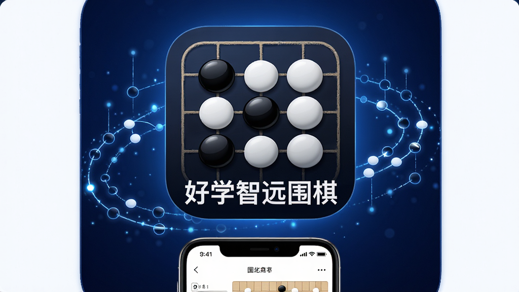 高清海报风格,画面中央醒目位置展示“好学智远围棋”APP图标,图标以黑白棋子与棋盘为核心元素,背景为深蓝色渐变,周围点缀发光的棋谱线条,底部展示手机界面预览图,整体布局大气专业,突出围棋智慧与科技感,画质细腻干净,无多余元素