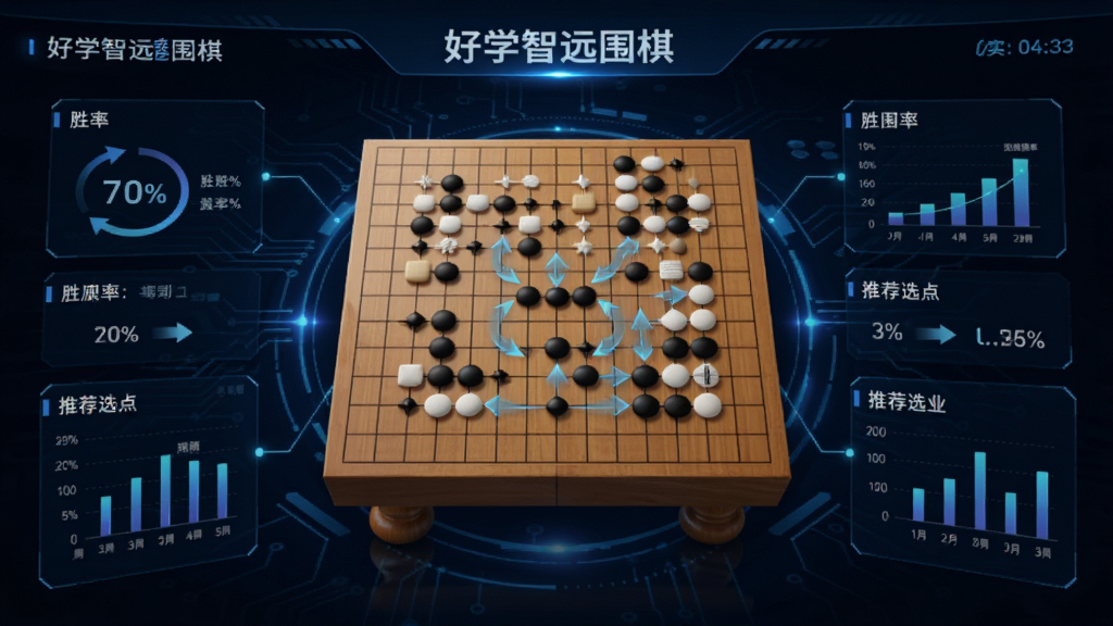 科技感视觉风格,画面展示“好学智远围棋”深度研究界面,中央为棋盘,周围环绕胜率百分比、推荐选点箭头等数据图表,背景为深色科技蓝,线条光效点缀,整体布局专业有质感,画质清晰,无多余元素