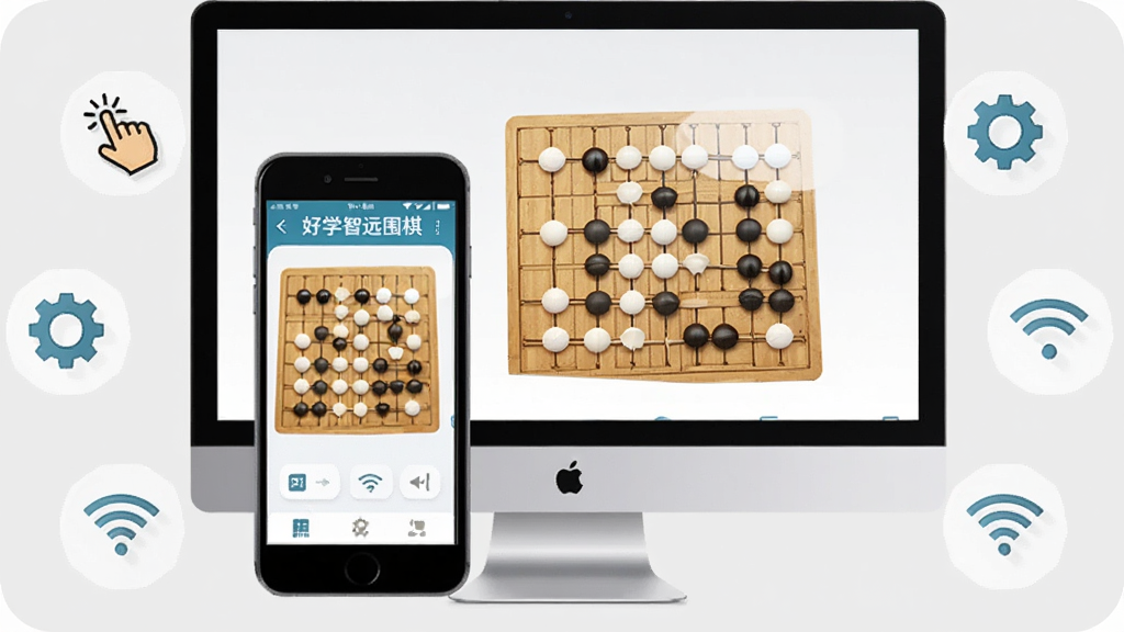 教程风格,画面展示手机与电脑并排摆放,屏幕中显示“好学智远围棋”应用界面,周围环绕操作步骤图标如手指点击、设置齿轮、WiFi信号等,背景为浅灰色,整体简洁明了,画质干净,无多余元素