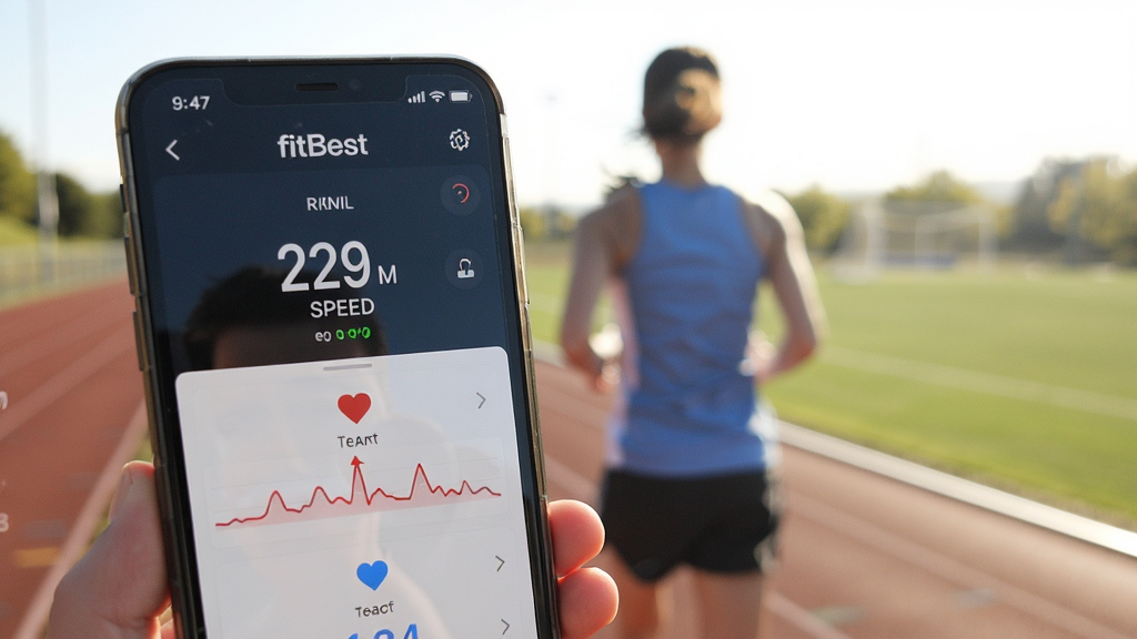 FitBest�ֻ��˶�����ʵ�ģ�չʾ���ڽ��е��ܲ�ѵ����ʵʱ��ʾ�ٶ������ʣ�����Ϊ�����ܵ����������ģ�����������Ȼ�����дʵ��ͻ���˶������Ļ���