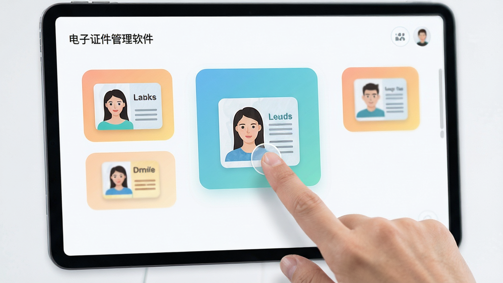 电子证件管理软件规格选择界面,展示多种证件照尺寸图标,用户手指点击选择,界面现代简约,色彩明亮,画质高清,干净,无多余元素