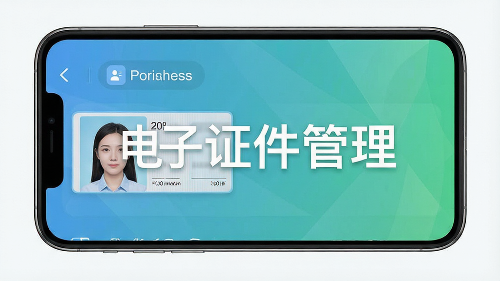 电子证件管理软件主界面预览图,手机屏幕展示证件照制作与管理功能,背景简洁,色彩清新,界面布局清晰,文字标注“电子证件管理”,画质高清,干净,无多余元素