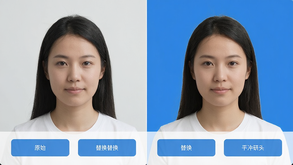 电子证件管理软件背景替换操作演示,左侧为原始照片,右侧为更换蓝色背景后的效果,界面简洁,功能按钮清晰,画质高清,干净,无多余元素