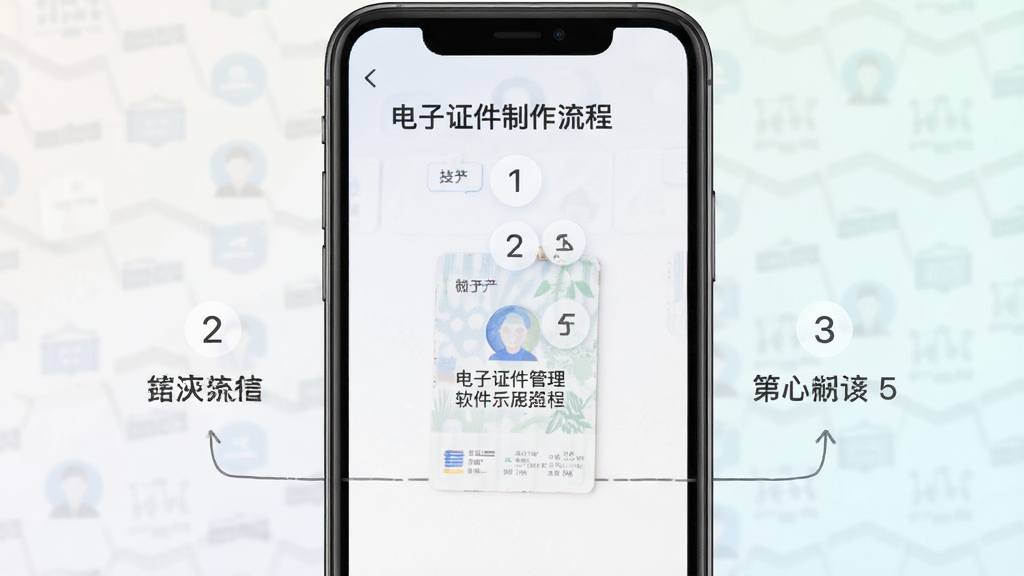 电子证件管理软件使用教程示意图,手机屏幕展示制作流程,步骤编号清晰,背景淡雅,画质高清,干净,无多余元素