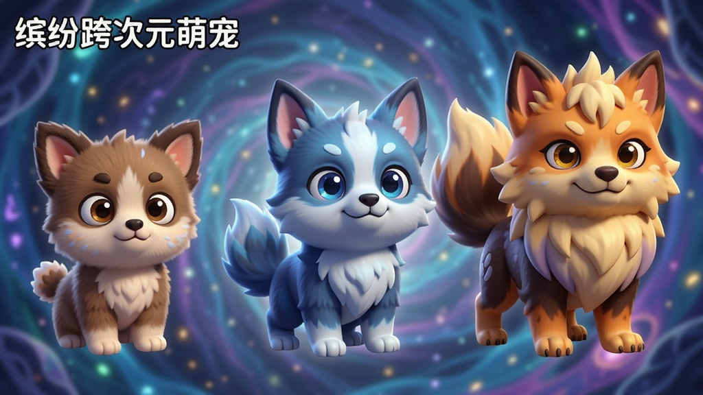 一张展示萌宠进化过程的对比图,主体为同一只萌宠从幼年形态到最终进化形态的三种不同外观,布局采用从左到右的渐进式排列,背景为神秘的次元空间,风格为卡通渲染,细节突出毛发纹理和色彩变化,画质清晰,干净无多余元素,图片中文字标注