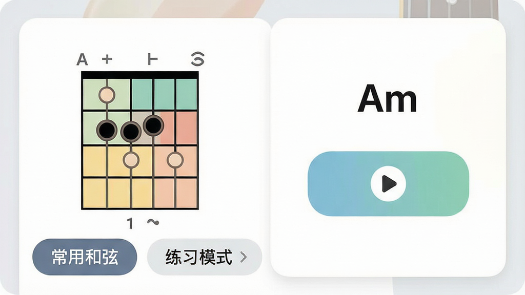 主体:一张万能调音器App和弦查询界面的截图,画面左侧显示一个吉他和弦指法图,右侧是和弦名称“Am”及音效播放按钮;布局:指法图上标注了手指按弦位置,下方有“常用和弦”、“练习模式”选项;排版:界面采用卡片式布局,色彩柔和,信息层级分明;风格:教育工具类App的友好视觉风格;细节:指法图线条清晰,色彩搭配舒适,界面无多余元素;画质:高清,干净。