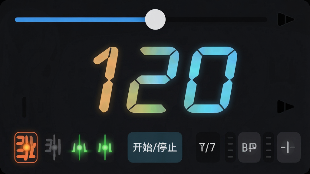 主体:一张万能调音器App节拍器功能界面的截图,画面中央显示一个大型数字“120”表示当前速度,下方有“开始/停止”按钮和拍号选择器;布局:界面顶部为速度调节滑块,下方为节拍指示灯(显示强拍和弱拍);排版:深色背景,数字和按钮使用高对比度颜色,整体简洁;风格:专业节拍器应用的经典设计;细节:指示灯有节奏地闪烁,界面干净无多余元素;画质:高清。