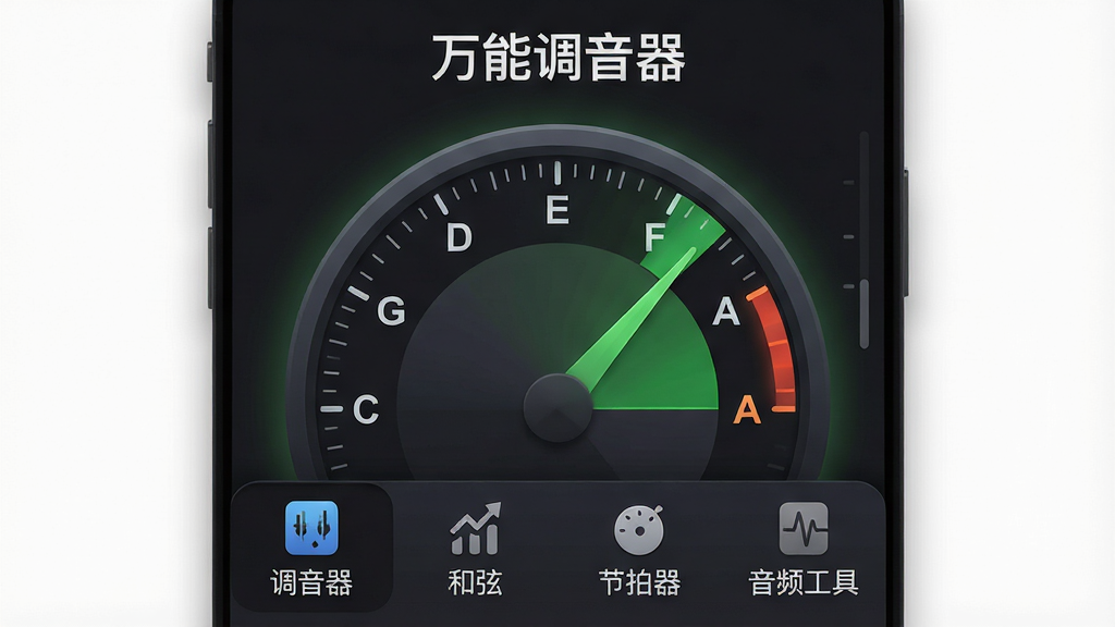 主体:一张展示万能调音器App主界面的高清截图,屏幕中央显示一个大型指针式调音表盘,表盘上标有音名C、D、E、F、G、A、B,指针指向绿色区域表示音准;布局:截图上方为软件名称“万能调音器”字样,下方排列着“调音器”、“和弦”、“节拍器”、“音频工具”四个功能选项卡;排版:界面采用深色主题,图标和文字清晰,整体布局简洁明了;风格:现代扁平化设计,带有轻微的拟物质感,色彩搭配舒适;细节:调音表盘周围有微弱的发光效果,界面边缘有细腻的阴影过渡;画质:超高清,画面干净无多余元素。