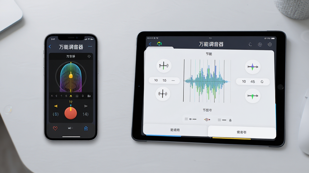 主体:一张展示万能调音器App在手机和平板上运行的对比图,左侧手机屏幕显示调音器界面,右侧平板屏幕显示节拍器界面;布局:两个设备并排摆放,背景为浅灰色桌面;排版:设备屏幕内容清晰可见,文字和图标完整;风格:科技感场景图,光线柔和;细节:屏幕上有“万能调音器”字样,画质高清;画质:干净,无多余元素。