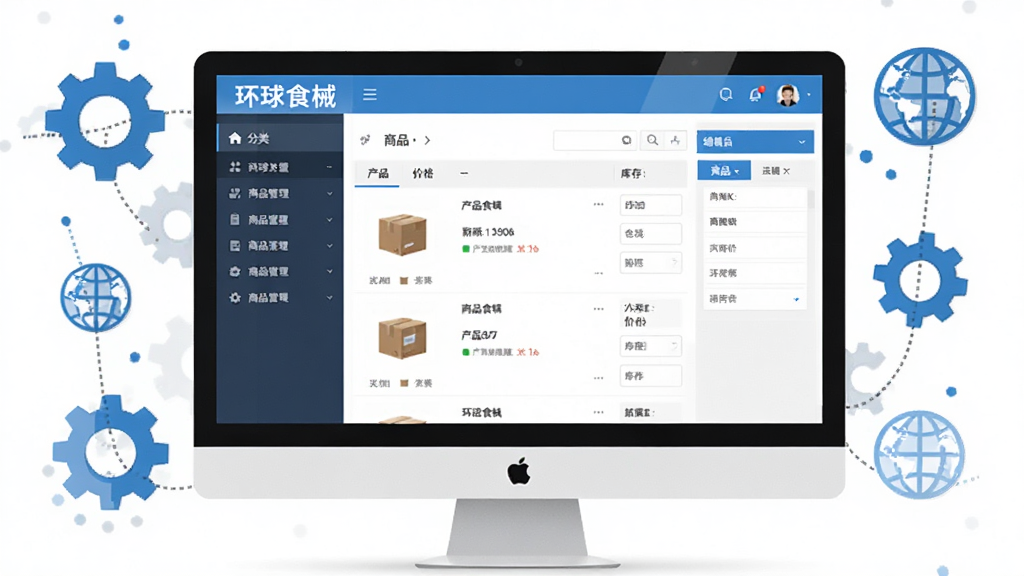 主体为电脑屏幕上的“环球食械”商品管理后台界面,左侧是分类菜单,右侧为商品列表与编辑表单,包含产品图片、价格、库存字段,屏幕周围有齿轮与地球图标点缀,整体蓝白配色,扁平化设计,布局清晰,排版有序,细节完整,画质高清,无多余元素。