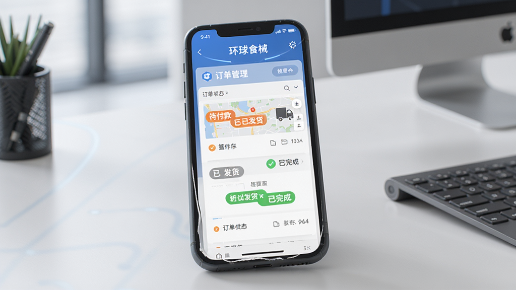 主体为“环球食械”APP订单管理界面,屏幕显示订单列表与物流跟踪地图,订单状态用不同颜色标签标注,如“待付款”、“已发货”、“已完成”,背景为简洁办公桌面,整体商务科技风格,蓝灰配色,布局合理,排版清晰,细节到位,画质干净。