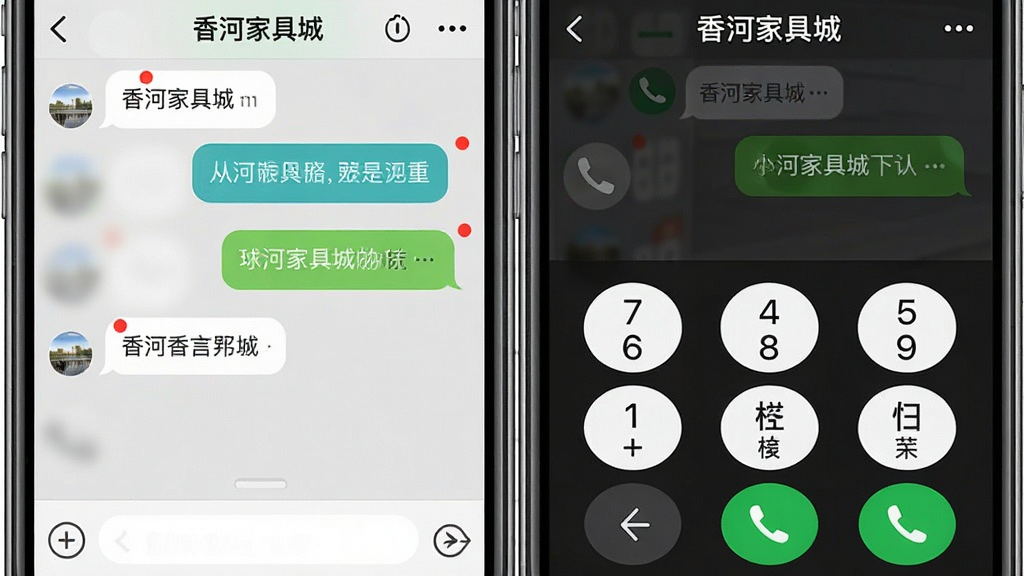 主体:香河家具城app聊天界面与电话拨打界面分屏展示,上方为聊天窗口,下方为手机拨号盘,拨号盘上显示“香河家具城”客服名称。布局:左右或上下分屏,界面清晰。排版:聊天气泡与拨号键明显。风格:写实界面截图风格。细节:消息提示红点,电话图标突出。画质:清晰,干净,无多余元素。