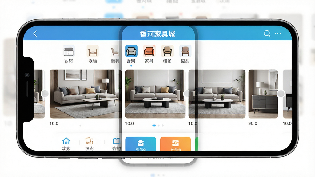 主体:手机屏幕展示香河家具城app主界面,界面上方有“香河家具城”品牌字样和家具分类图标,中间为多张现代风格家具实拍图轮播,下方为功能按钮。布局:手机居中,界面清晰,四周留白。排版:界面信息层级分明,色彩明亮。风格:写实与扁平化结合,精致商业风格。细节:界面文字清晰,家具图像质感真实,色彩饱和。画质:4K高清,干净,无多余元素。