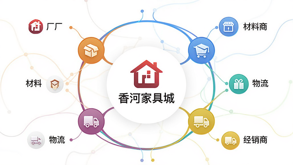 主体:香河家具城app的“生态圈”功能页面,以圆形图展示家具厂、材料商、物流、经销商之间的连接关系,中间有“香河家具城”logo。布局:圆形图居中,四周有对应图标和文字。排版:线条流畅,连接线清晰。风格:现代信息图风格,简洁明快。细节:每个节点有微型图标,色彩区分明显。画质:高清,干净,无多余元素。