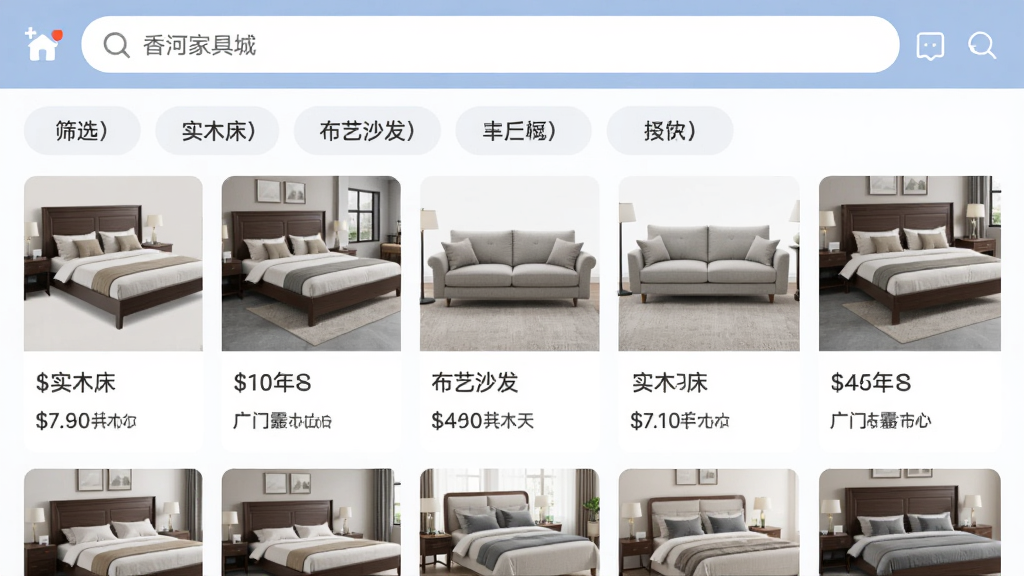 主体:香河家具城app的搜索筛选页面,显示“实木床”、“布艺沙发”等关键词,下方为产品列表缩略图。布局:搜索栏在顶部,筛选标签横向排列,产品图网格分布。排版:信息密度适中,缩略图整齐。风格:扁平化UI设计,色彩柔和。细节:价格和厂商名称标注清晰。画质:高清,干净,无多余元素。
