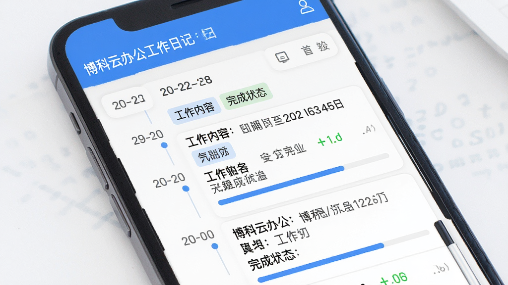 展示“博科云办公”工作日记功能的界面截图风格图片。主体为手机屏幕上的日报列表,上面清晰标注日期、工作内容和完成状态。布局以列表形式为主,左侧时间轴,右侧详细描述。风格简洁商务,蓝色主题色调,细节包括分类标签和进度条,画质清晰干净,无多余元素。