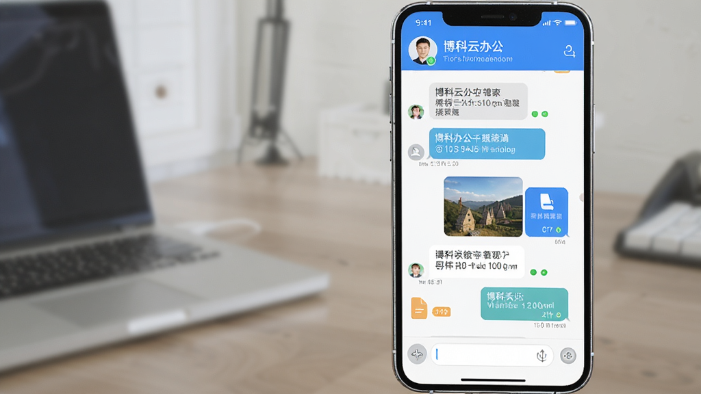 展示“博科云办公”网络寻呼聊天界面的图片。主体为手机对话窗口,包含文本消息、图片和文件传输记录。布局采用上下聊天气泡形式,顶部为联系人信息,底部为输入框。风格清爽简约,使用蓝色和白色配色,细节展示已读回执和未读计数,画质高清,界面干净整洁。
