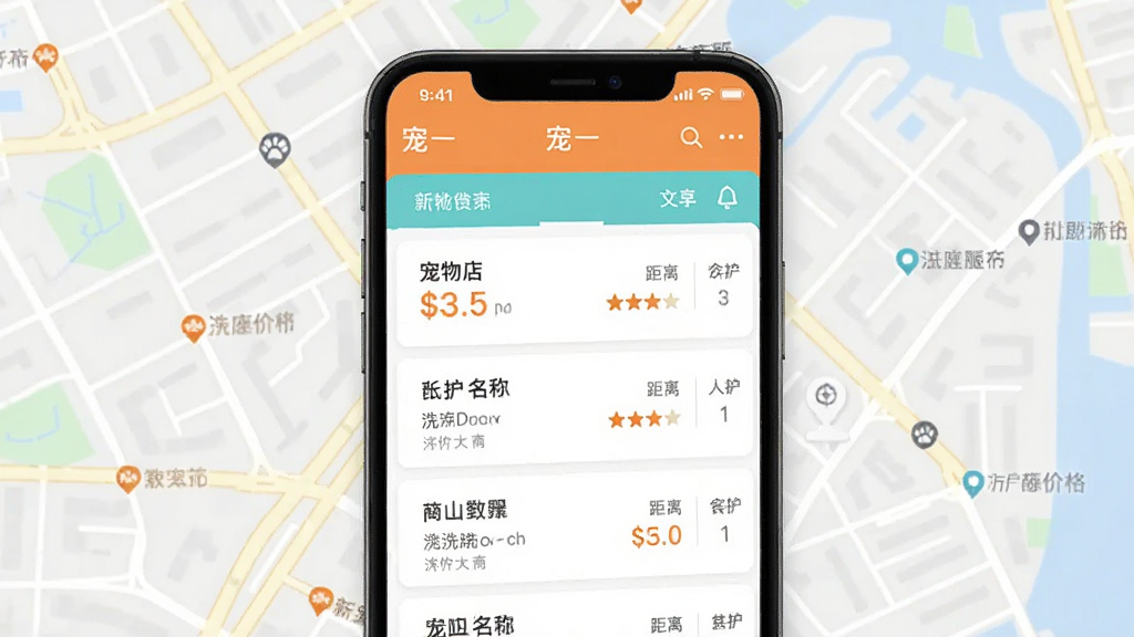 手机App界面展示“宠一”的本地门店服务页面,列表显示宠物店名称、距离、评分和洗护价格,背景是地图和街道,界面设计现代,信息层级清晰,色彩明快,画质干净,无多余元素