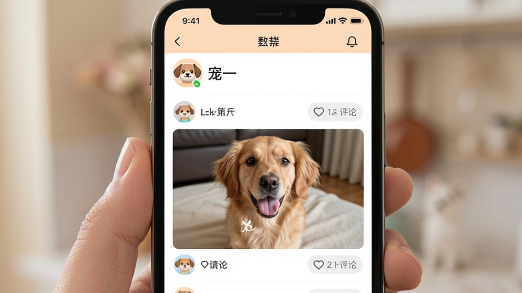 一张温馨的智能手机界面截图,展示“宠一”APP的首页信息流,顶部有宠物头像和昵称,下方是萌宠照片和点赞评论按钮,整体色调清新温暖,界面布局简洁明快,突出宠物第一视角记录成长的核心功能,画质干净,无多余元素