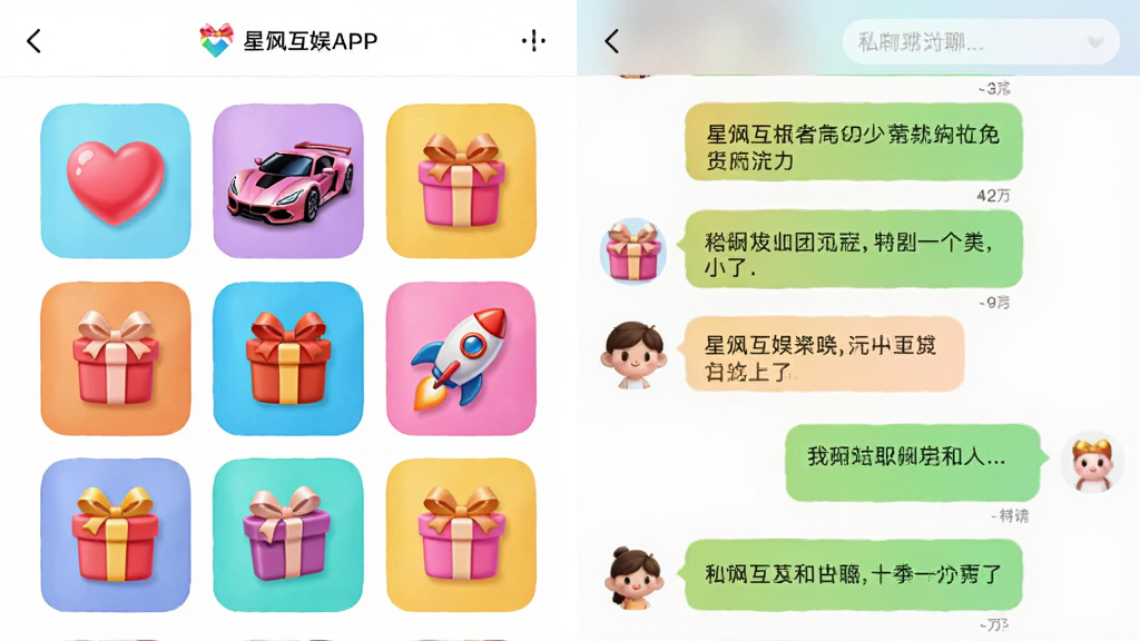 画面主体为星飒互娱APP礼物面板与私聊对话界面的合成图,展示五彩缤纷的礼物图标和温馨的聊天气泡,布局左右对称,排版规整,风格清新可爱,细节包括爱心、跑车、火箭等礼物,画质高清,干净,无多余元素。