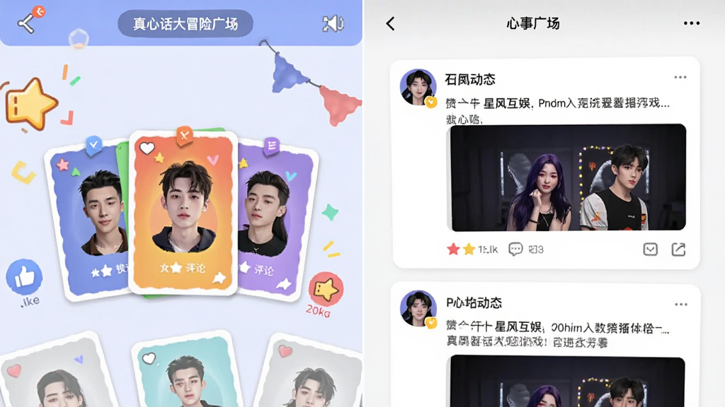 画面主体为星飒互娱APP真心话大冒险游戏界面与心事广场信息流的截图,左侧为卡牌选择界面,右侧为匿名动态卡片,布局分栏,排版错落有致,风格活泼年轻化,细节包括彩色卡牌、点赞评论图标,画质高清,干净,无多余元素。