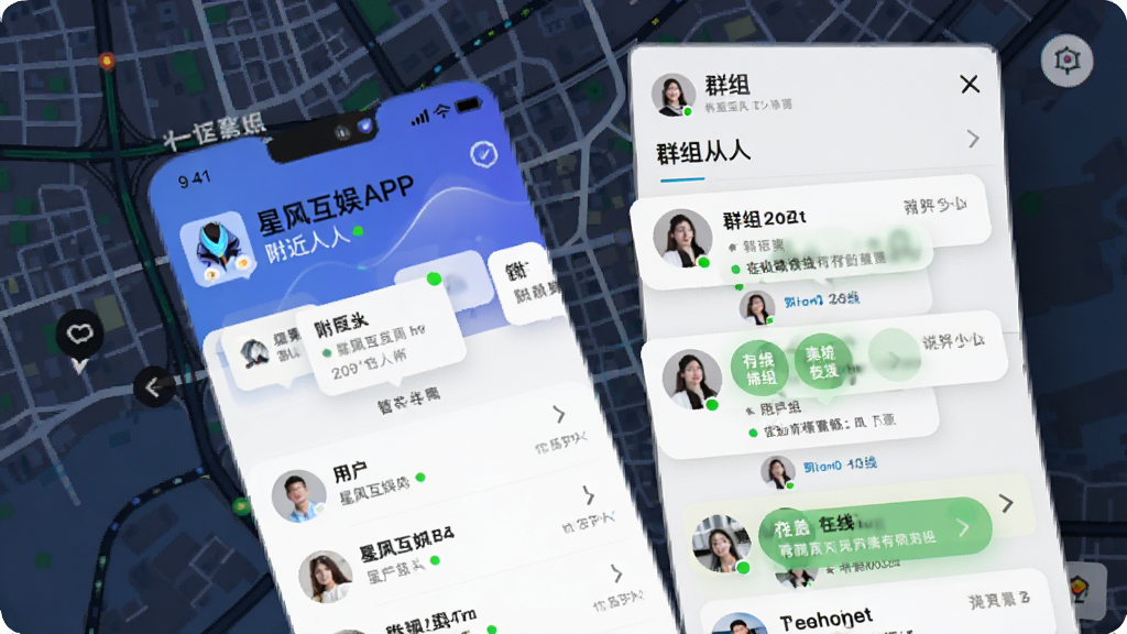 画面主体为星飒互娱APP附近的人页面与群组聊天列表,背景为城市地图,显示附近用户头像气泡和群组卡片,布局层级分明,排版简洁,风格现代科技感,细节包括距离显示、在线状态绿点,画质高清,干净,无多余元素。