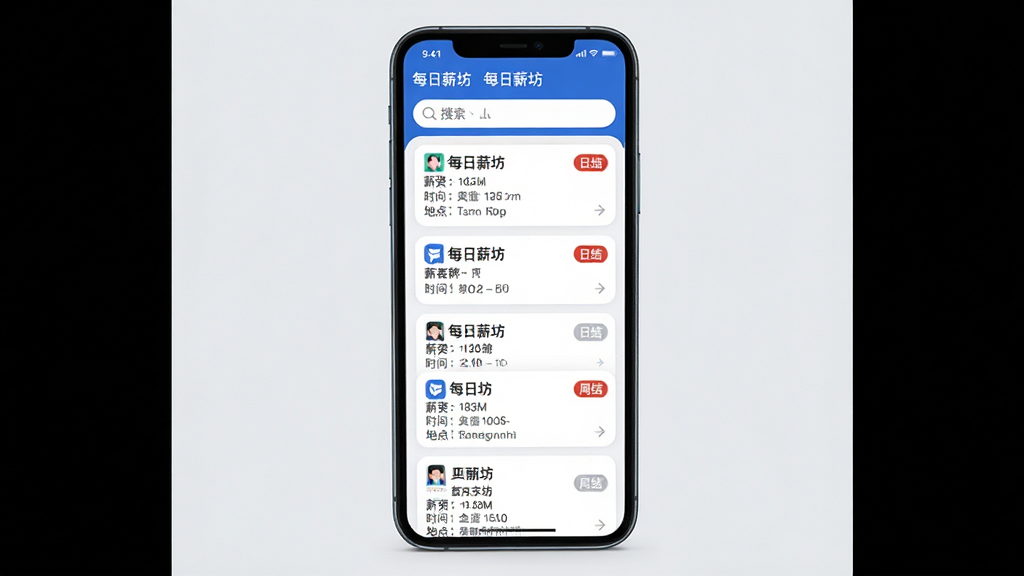 ���壺�ֻ�����չʾ��ÿ��н����APP�ĸ�λ�б�ҳ�棬�б����ж����λ��Ƭ��ÿ����Ƭ��ʾ��λ���ơ�н�ʡ�ʱ�䡢�ص㣬���������򡣲��֣��ֻ���Ļռ�ݻ������룬�������пռ䣬����Ϊǳ��ɫ���Ű棺�б��������У���ƬԲ�ǣ�������ȣ���������롣�����������磬ɫ��������Ϊ����ϸ�ڣ���Ļ���С�ÿ��н������������λ��Ƭ���С��սᡱ�����ܽᡱ��ǩ������ɾ��޶���Ԫ�ء����ʣ����壬ϸ������������ɾ���