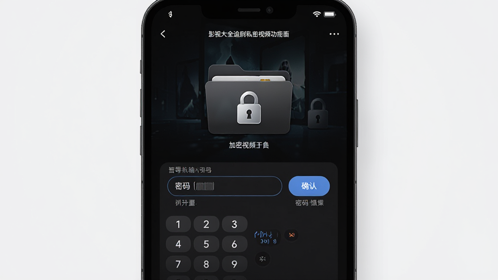 主体:影视大全追剧私密视频功能界面,展示加密空间和密码输入框;布局:界面中央为加密视频文件夹图标,下方为密码输入框和确认按钮;排版:简洁直观,引导用户输入密码;风格:暗色系,神秘感,锁形图标突出;细节:密码输入框带有数字键盘,旁边有提示文字;画质:高清,干净,无多余元素。