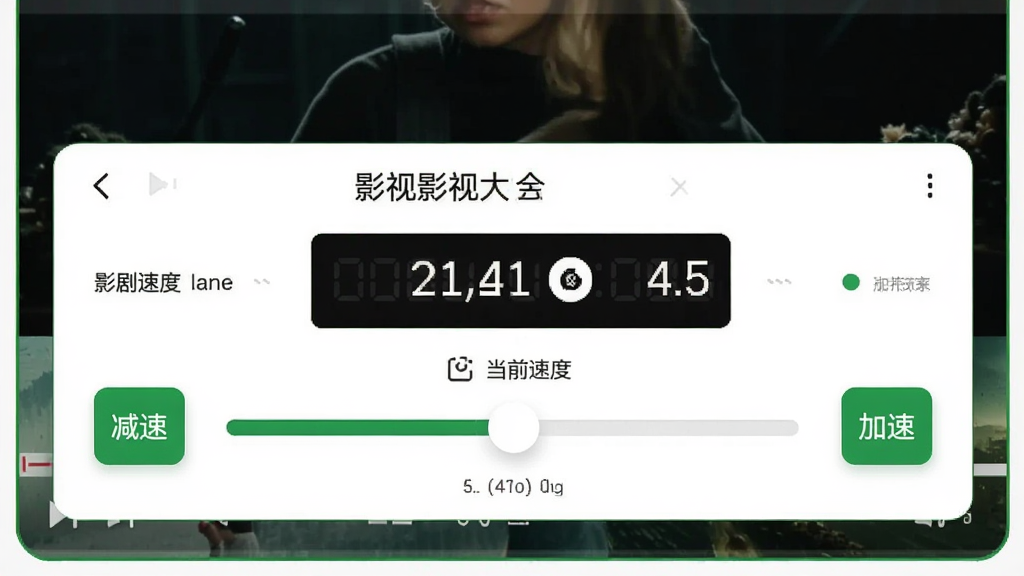 主体:影视大全追剧倍速播放控制面板,展示速度调节滑块和数值显示;布局:控制面板位于视频播放器底部,滑块横向排列,数值实时更新;排版:简洁明了,滑块两侧有减速和加速按钮;风格:扁平化设计,绿色主题色,清晰易读;细节:数值显示当前速度,滑块可拖动调节;画质:高清,干净,无多余元素。