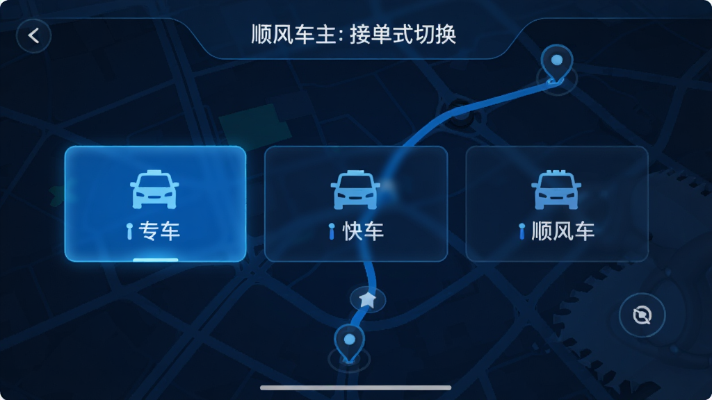 顺风车主接单模式切换界面,展示专车、快车、顺风车三个选项,背景为地图导航风格,科技蓝配色,简洁直观,画质高清