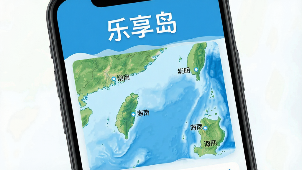画面主体为一部智能手机屏幕,屏幕上显示乐享岛应用主界面,界面顶部有“乐享岛”三个大字,下方是中国四大海域的岛屿分布地图,地图上标注着台湾岛、海南岛、崇明岛等岛屿名称,界面风格清新自然,以蓝色和绿色为主色调,布局简洁明了,排版整齐,细节丰富,画质高清,整体风格干净无多余元素。