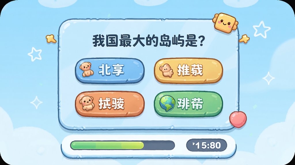画面主体为乐享岛应用内问答挑战界面,背景是淡蓝色的答题卡片,卡片上有“我国最大的岛屿是?”的问题和四个选项按钮,卡片下方有进度条和得分显示,界面设计活泼,配色明快,布局聚焦,排版清晰,风格卡通可爱,细节丰富,画质高清,干净无多余元素。