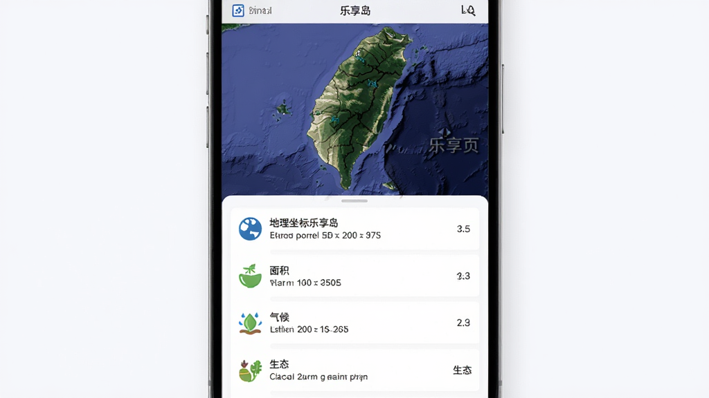画面主体为乐享岛应用内台湾岛详情页,顶部是台湾岛的高清卫星图,下方依次排列着地理坐标、面积、气候、生态等文字条目,条目旁配有小图标,页面背景为浅白色,文字清晰,布局条理分明,排版舒适,风格干净清爽,细节丰富,画质高清。