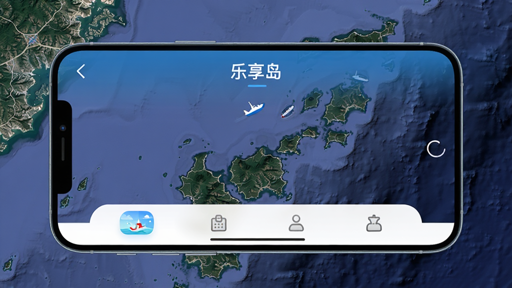 画面主体为一部手机横屏显示乐享岛应用界面,背景是舟山群岛的卫星图,界面底部有功能按钮栏,屏幕上方有“乐享岛”字样,整体色调清爽,布局合理,排版清晰,风格简约,细节丰富,画质高清,干净无多余元素。