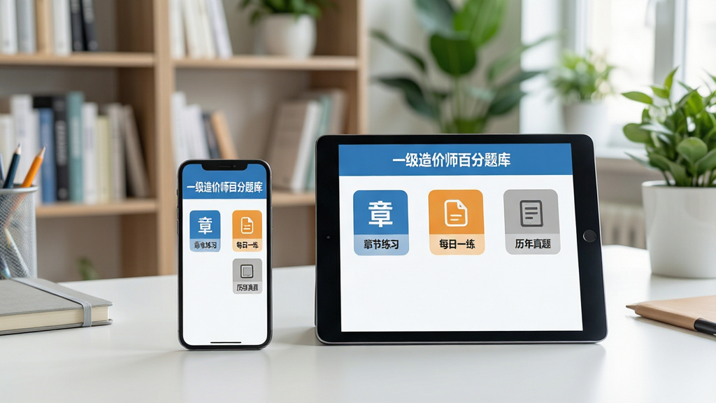 一幅充满学习氛围的现代办公桌场景,桌上摆放着智能手机和平板电脑,屏幕清晰显示