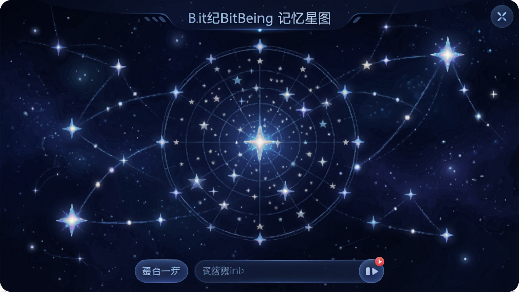 比特纪BitBeing记忆星图界面,主体为深蓝色星空背景中散布的发光星星与连线,布局中央为星图,底部为标签输入栏,风格梦幻唯美,细节星星闪烁效果,画质高清,干净,无多余元素